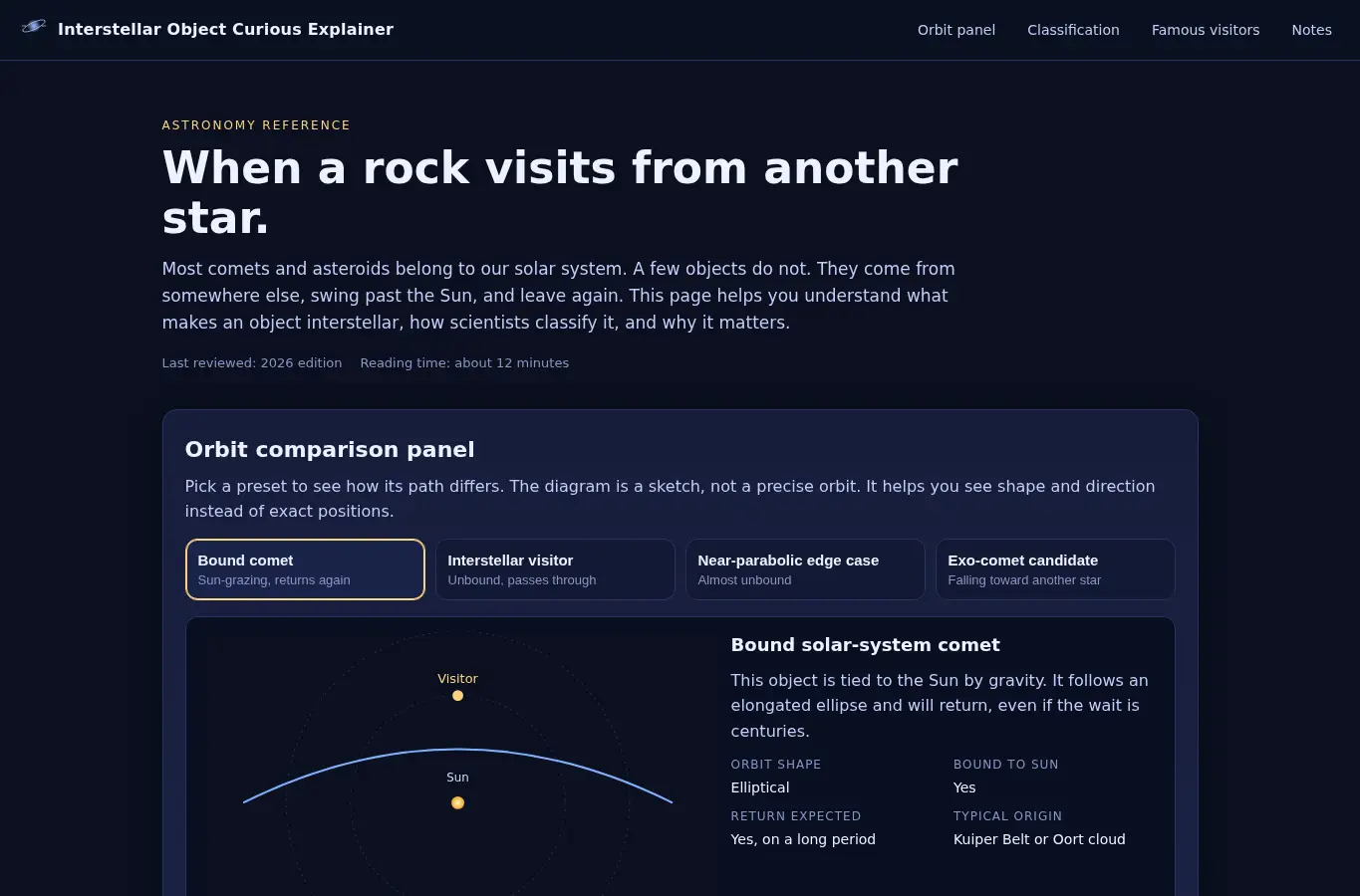 Screenshot of Interstellar Object Curious Explainer interface showing the project page in use